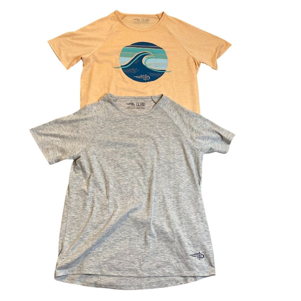 Reel Life Womens T-Shirts L/G Lot of Two Polyester & Spandex Heather Gray & Peac